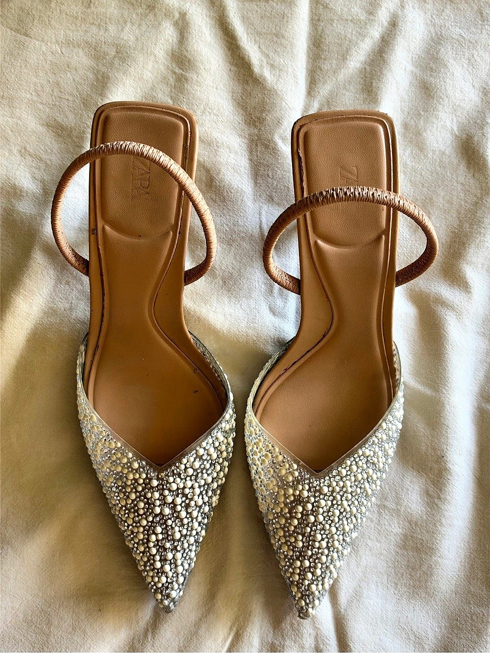 Zara Pearl Embellished Slingback Kitten Heels Gold & Silver